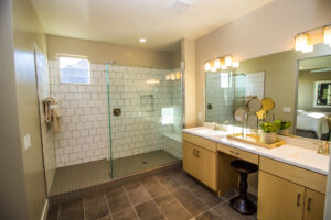 modern bathroom shower and counter area
